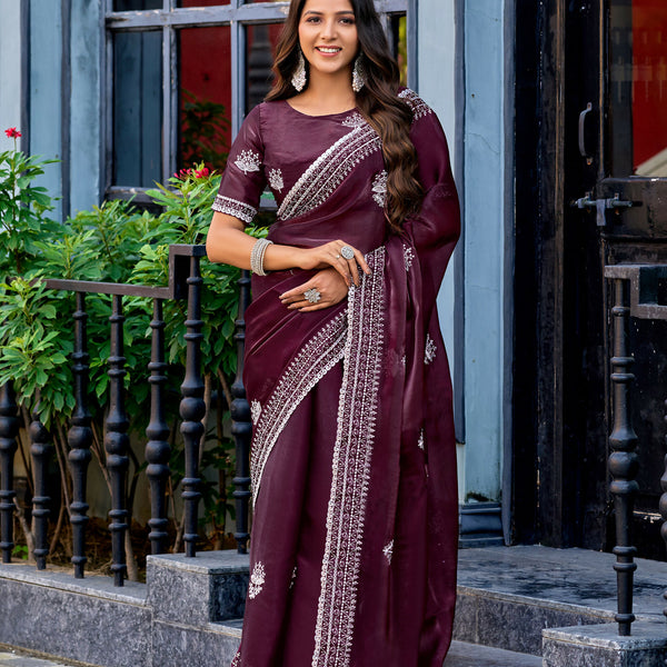 Vastranavya Wine Embroidery Work Shimmer Chiffon Saree with Unstitched Blouse