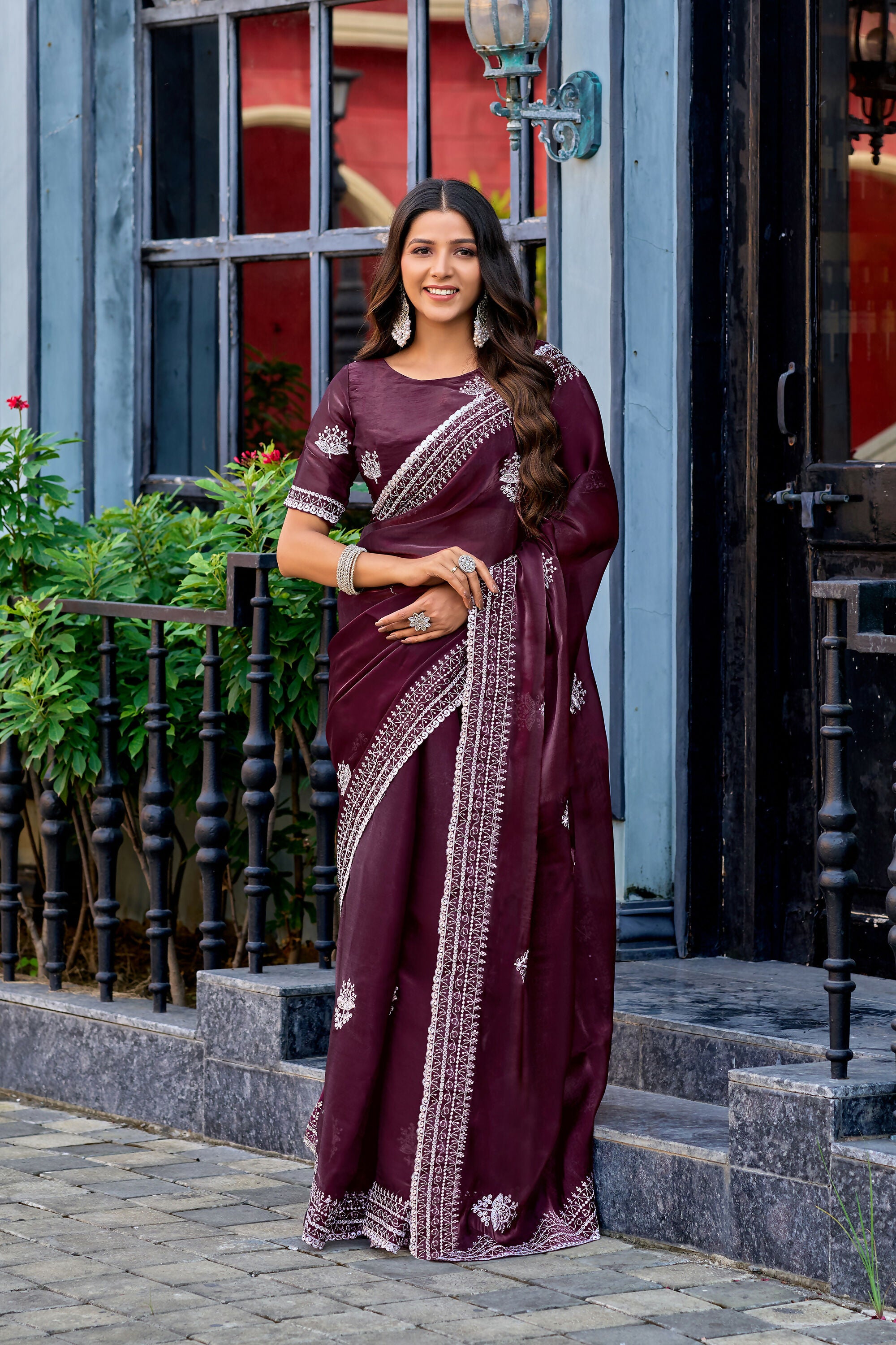 Vastranavya Wine Embroidery Work Shimmer Chiffon Saree with Unstitched Blouse - Distacart