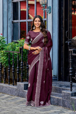 Thumbnail for Vastranavya Wine Embroidery Work Shimmer Chiffon Saree with Unstitched Blouse