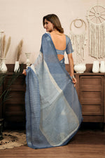 Thumbnail for Joban Fashion Cream & Blue Striped Linen Ready To Wear Saree With Unstitched Blouse - Distacart