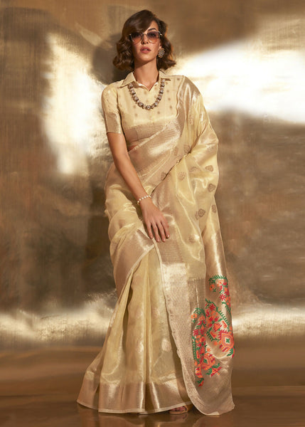 Golden Handwoven Tissue Fabric Festive & Party Style Saree - Emponline - Distacart