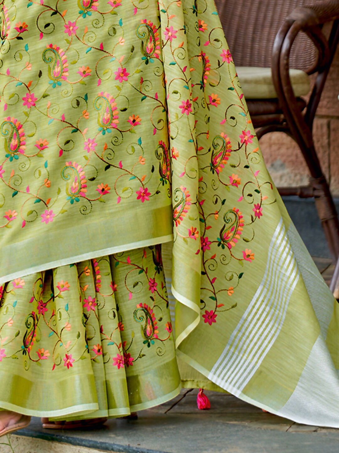 Astita Linen Yellow Green Saree
