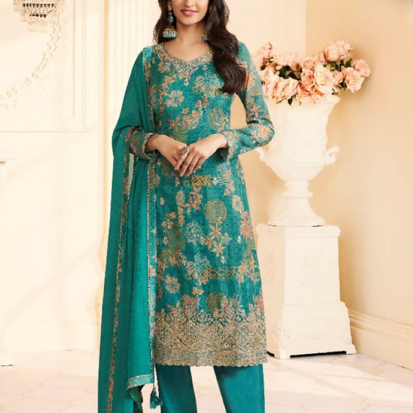 Anaita Teal Green Chinon Stitched Suit with Multi Digital Print - Distacart