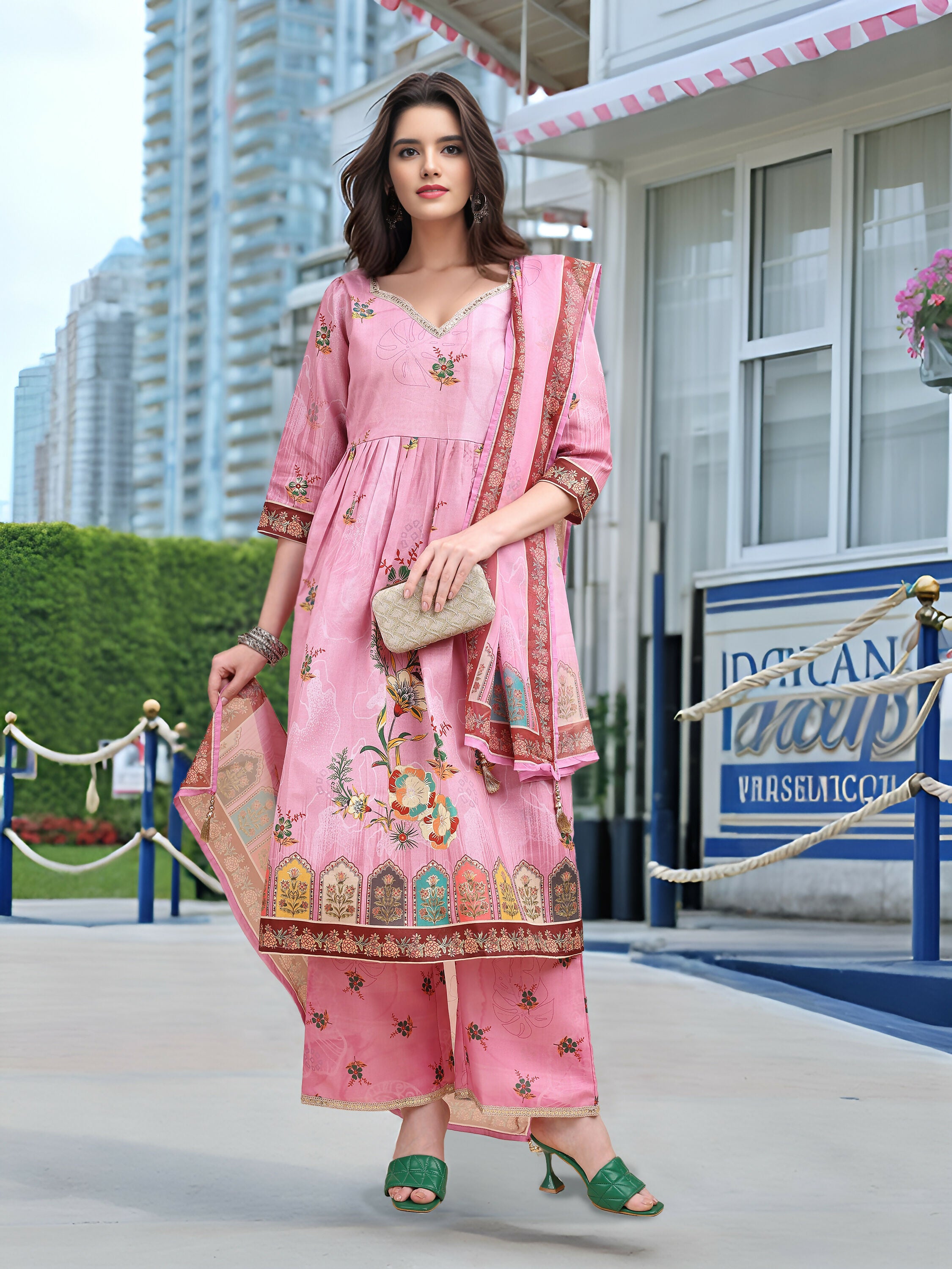 Joban Fashion Pink Position Digital Print With Position Foil Kurta Set