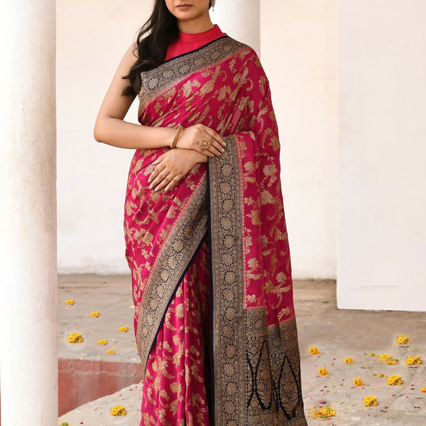 Joban Fashion Hot Pink Crepe Chiffon Pure Handloom Banarasi Silk Saree