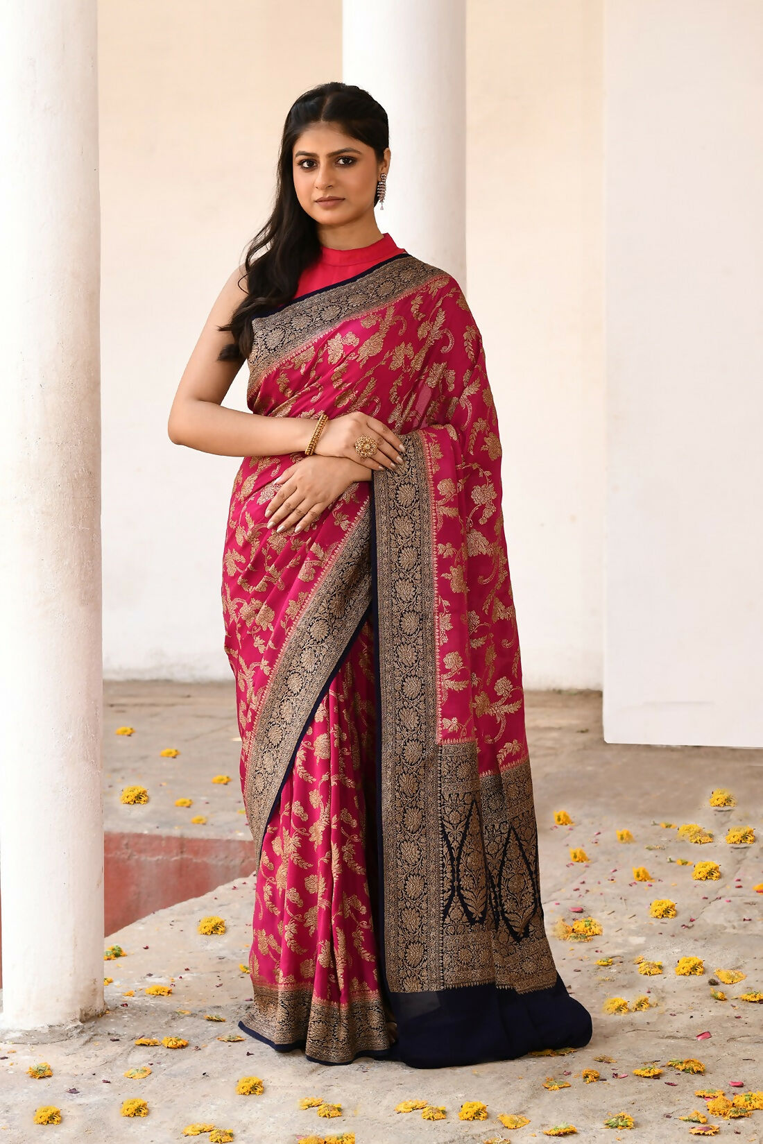 Joban Fashion Hot Pink Crepe Chiffon Pure Handloom Banarasi Silk Saree - Dista