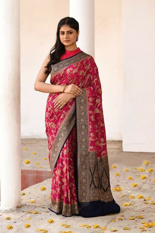 Joban Fashion Hot Pink Crepe Chiffon Pure Handloom Banarasi Silk Saree