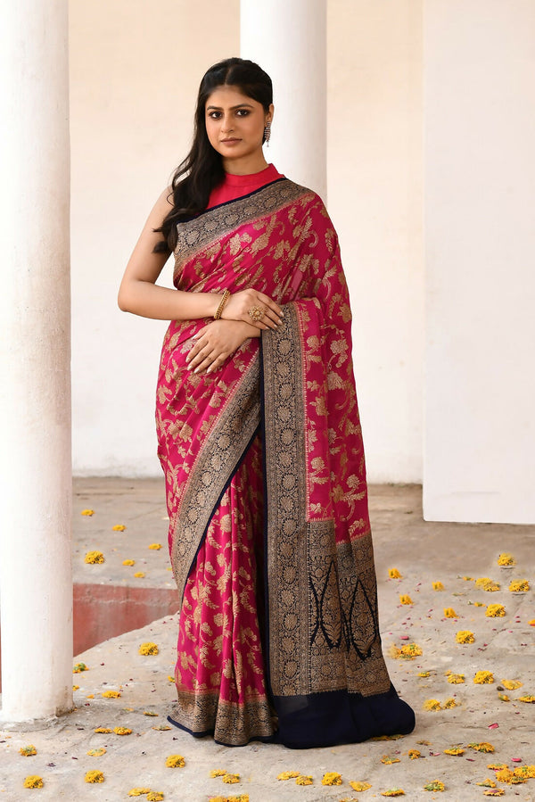 Joban Fashion Hot Pink Crepe Chiffon Pure Handloom Banarasi Silk Saree