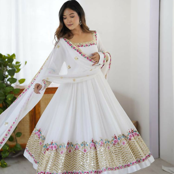 Joban Fashion White Georgette Sequence Embroidery Work Readymade Kurta Set