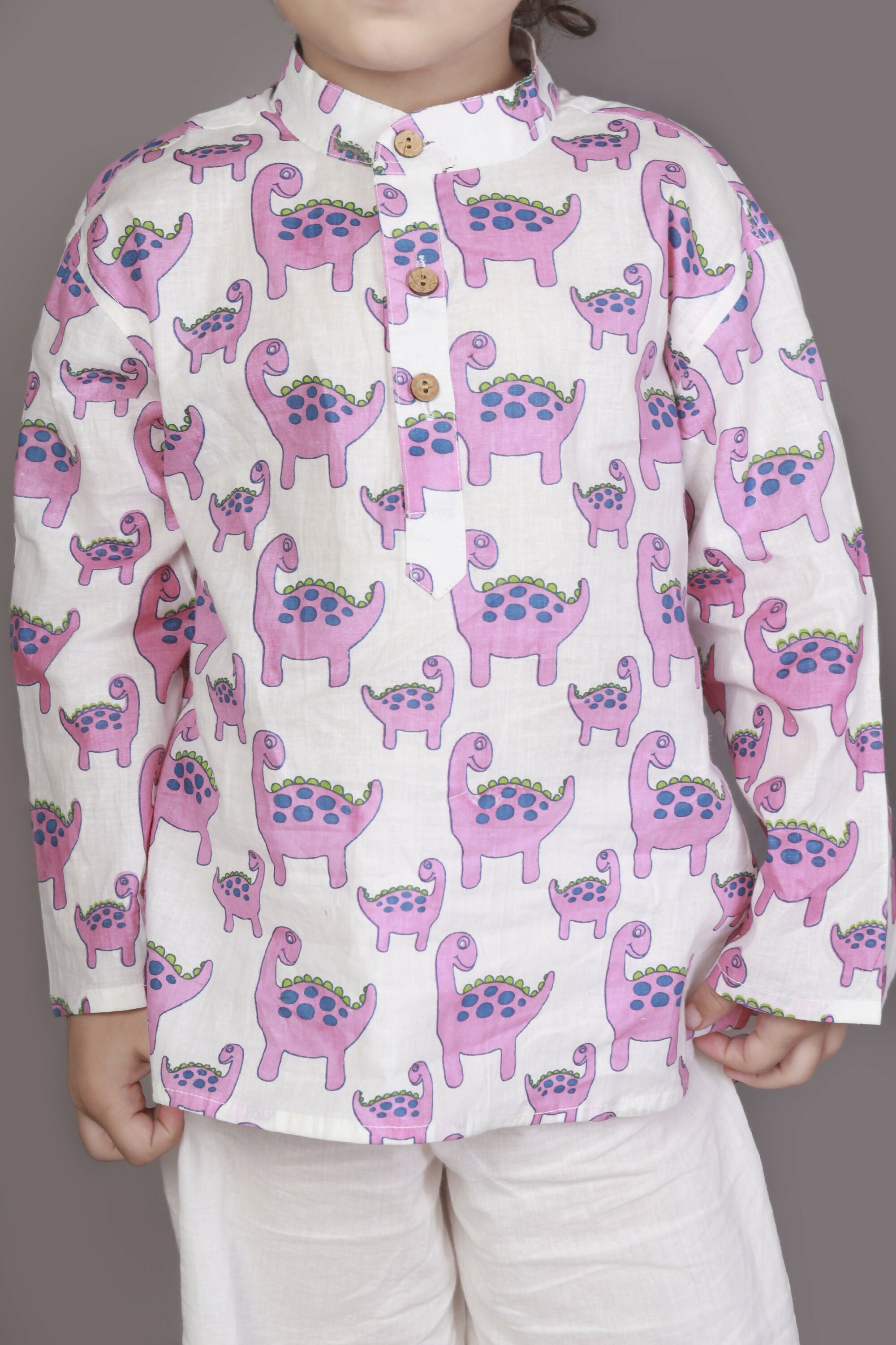 Breathables Kids Boys & Girls Cotton Night Suit – Purple Dinosaur Print Kurta & Pyjama Co-Ord Set - Dista