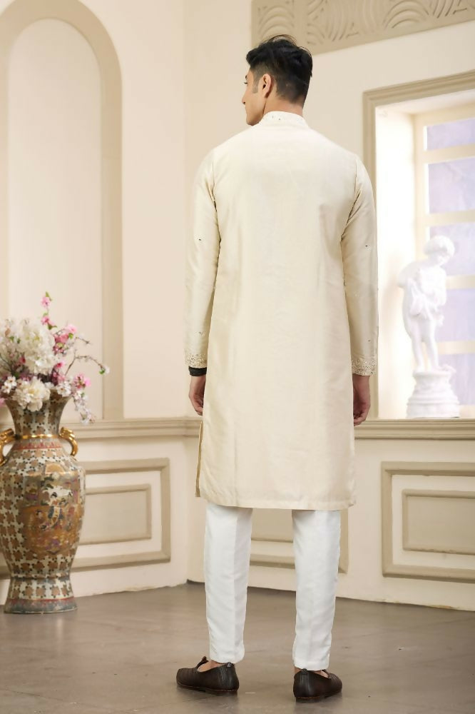 Raivat Ethnic Banarasi Art Silk Thread and Mirror Work Kurta Pajama In Beige Colour