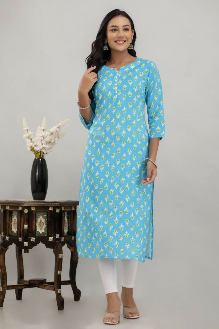 Alvano Printed Straight Kurta for Women and Girls Rayon (Lightblue) - Distacart