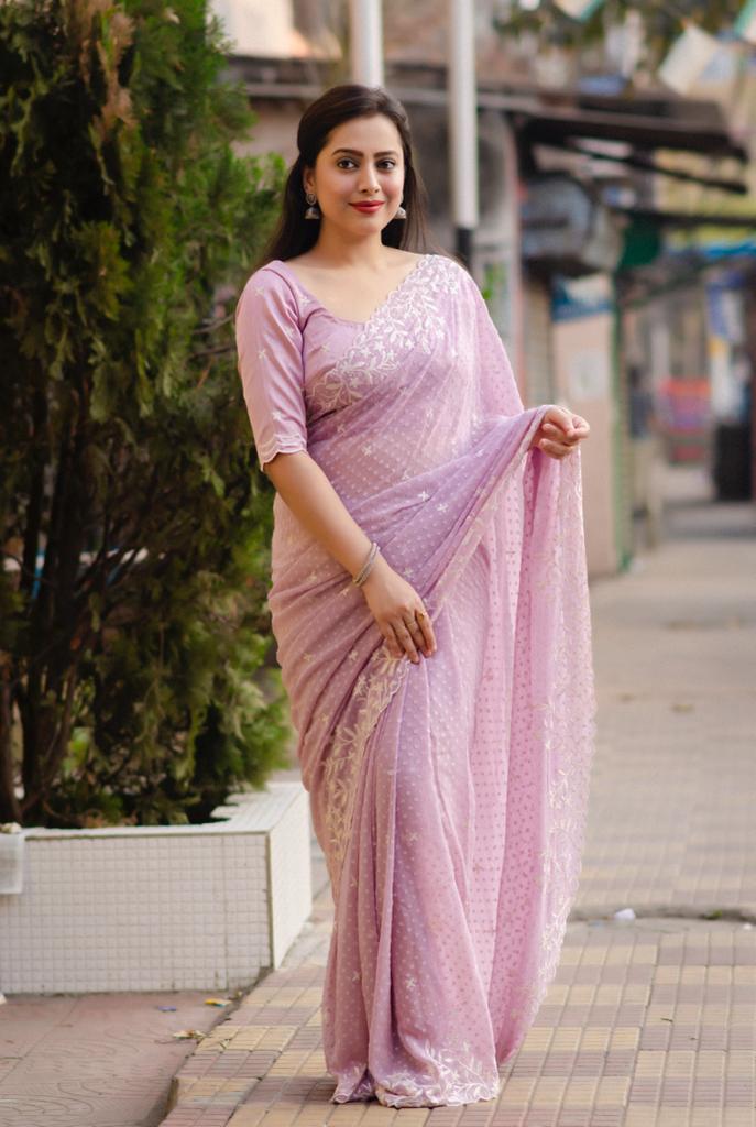 Pink Pure Chiffon Woven Design Saree with Unstitched Blouse - A2M - Distacart