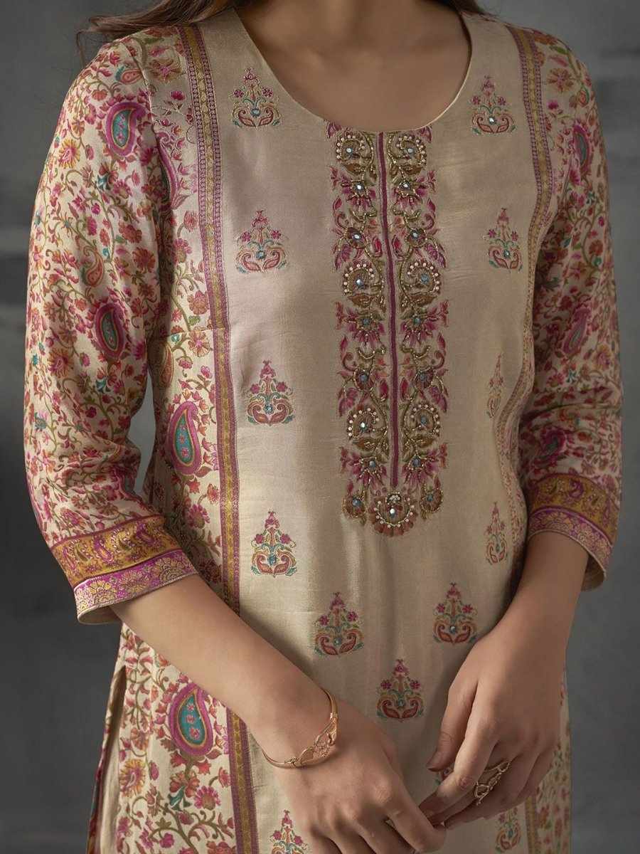 Anouk Cream Ethnic Motifs Printed Mirror Work Pure Silk Kurta With Trousers & Dupatta