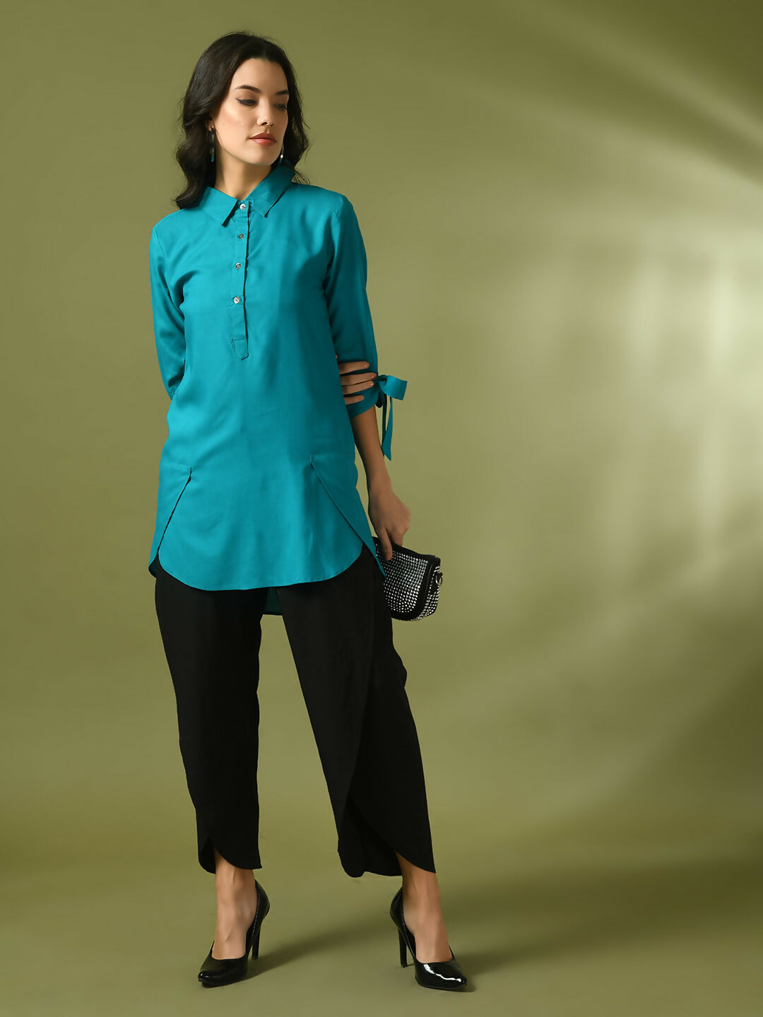 Myshka Women's Turquoise Blue Solid Cotton Longline Party Sheer Tunic - Distacart