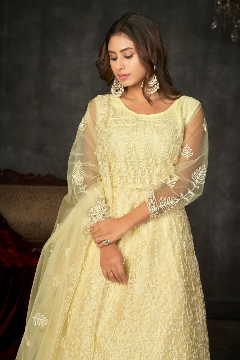 Jyoti Fashion Women's Cream Net Embroidered Anarkali Kurta Pant Set With Dupatta - Distacart