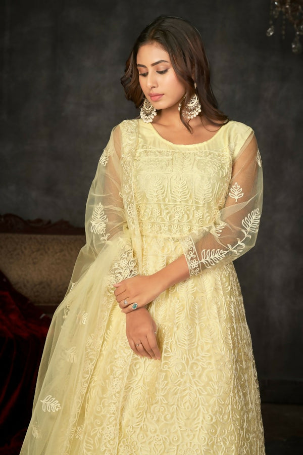 Jyoti Fashion Women's Cream Net Embroidered Anarkali Kurta Pant Set With Dupatta - Distacart