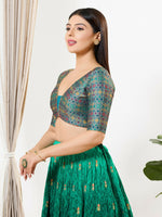Thumbnail for Joban Fashion Peacock Blue Brocade Padded Blouse With V Neck Elbow Sleeves - Distacart