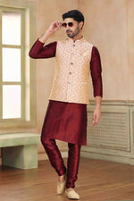 Thumbnail for Raivat Ethnic Jacquard Banarasi Silk Woven Work 3 Pics Jacket Set In Beige Maroon Colour - Distacart