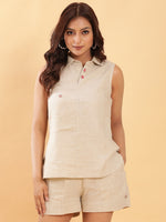 Thumbnail for BohoJazz Khaki Linen Tailored Shorts with Sleeveless Collared Top Co-ord Set