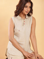 Thumbnail for BohoJazz Khaki Linen Tailored Shorts with Sleeveless Collared Top Co-ord Set