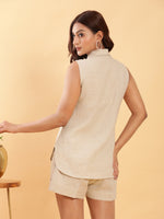 Thumbnail for BohoJazz Khaki Linen Tailored Shorts with Sleeveless Collared Top Co-ord Set