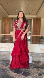 Thumbnail for Preksha Creation Indian Stylist Exclusive Fancy Party Wear Fiyona Silk Lehenga Saree With Heavy Work Blouse And Belt - Red - Distacart