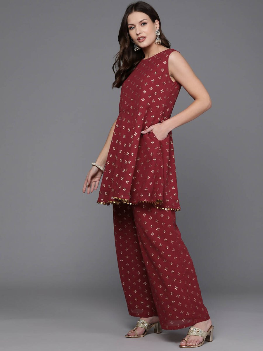 Ahalyaa Women Printed Tunic with Palazzos - Maroon Color - Distacart