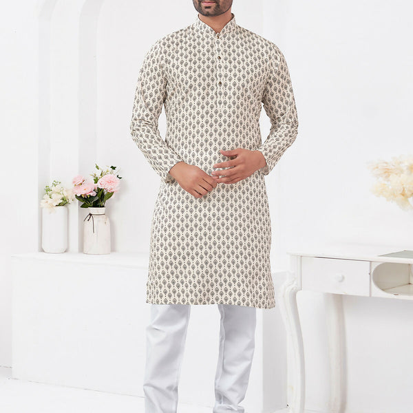 Joban Fashion Men's Rayon Cotton Cream Printed Kurta Pyjama set - Distacart