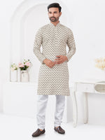 Thumbnail for Joban Fashion Men's Rayon Cotton Cream Printed Kurta Pyjama set - Distacart