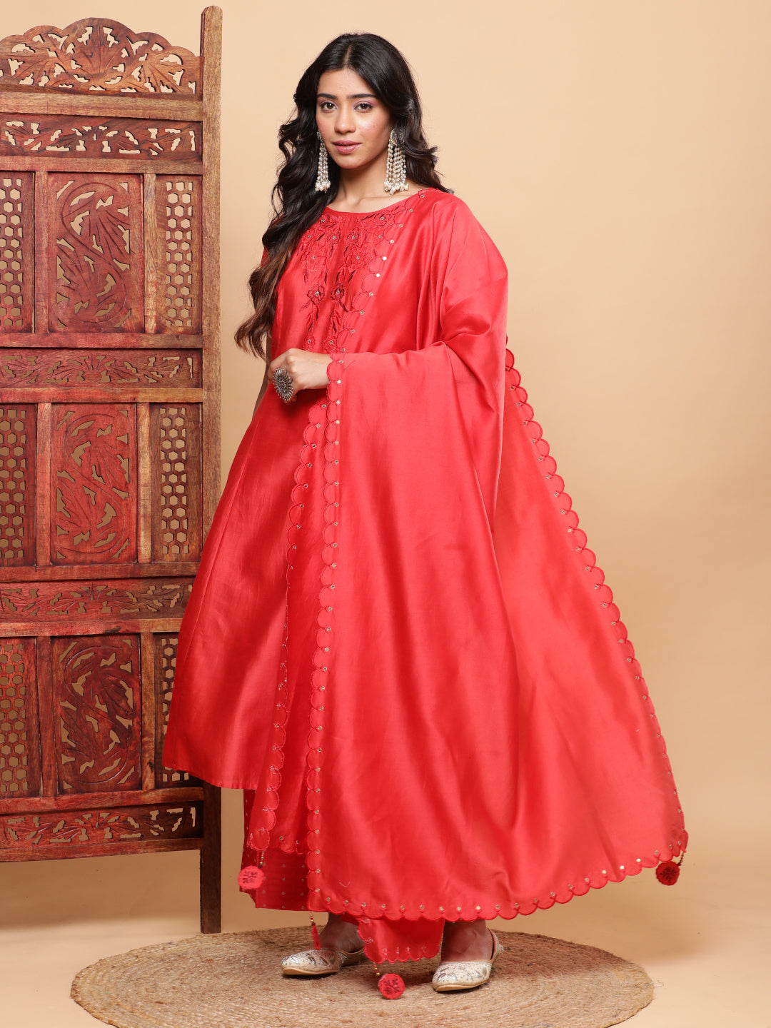 BohoJazz Nazm Embroidered Kimono Sleeves Kurta with Banarasi Pants and Dupatta - Red