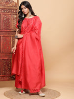 Thumbnail for BohoJazz Nazm Embroidered Kimono Sleeves Kurta with Banarasi Pants and Dupatta - Red