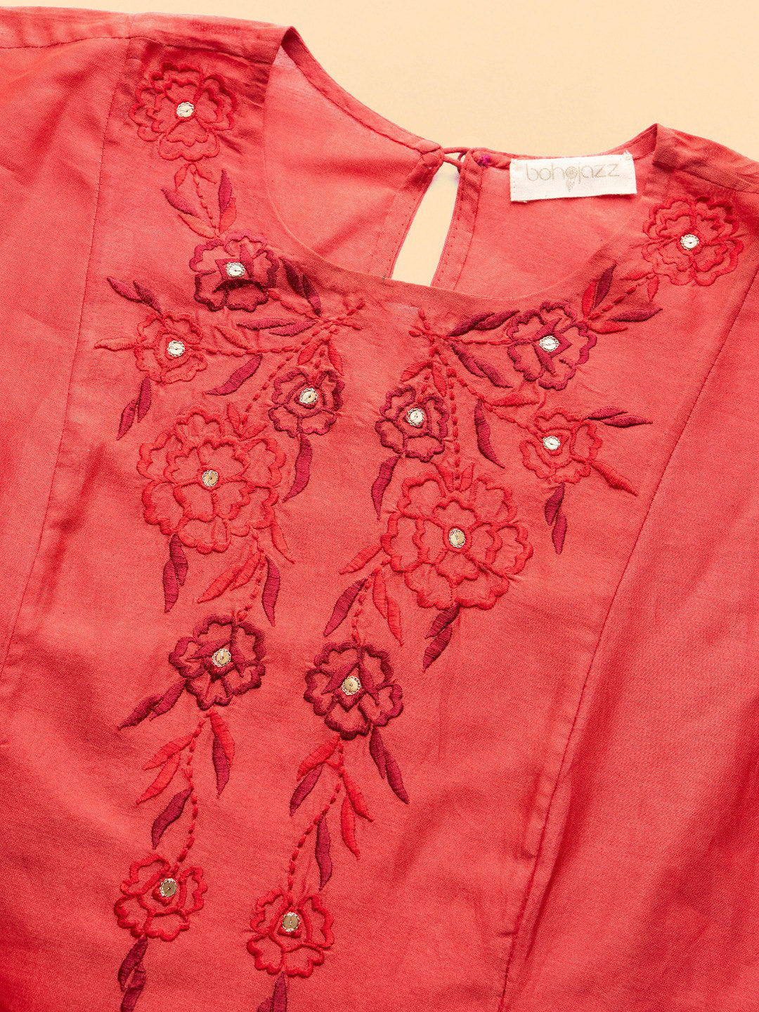 BohoJazz Nazm Embroidered Kimono Sleeves Kurta with Banarasi Pants and Dupatta - Red
