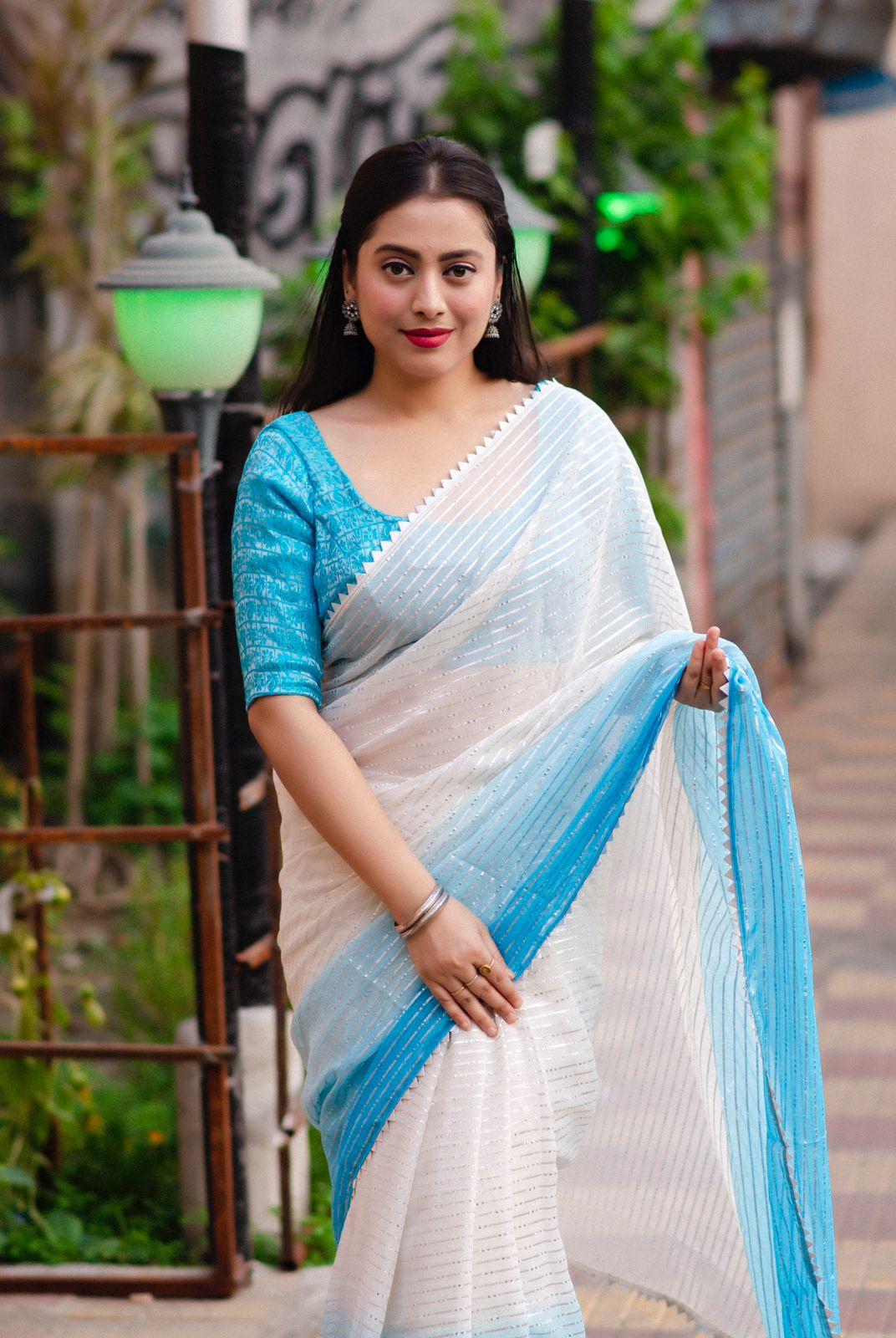 Blue Poly Chiffon Striped Saree with Unstitched Blouse - A2M - Distacart