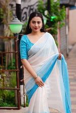 Thumbnail for Blue Poly Chiffon Striped Saree with Unstitched Blouse - Hiral Fashion - Distacart