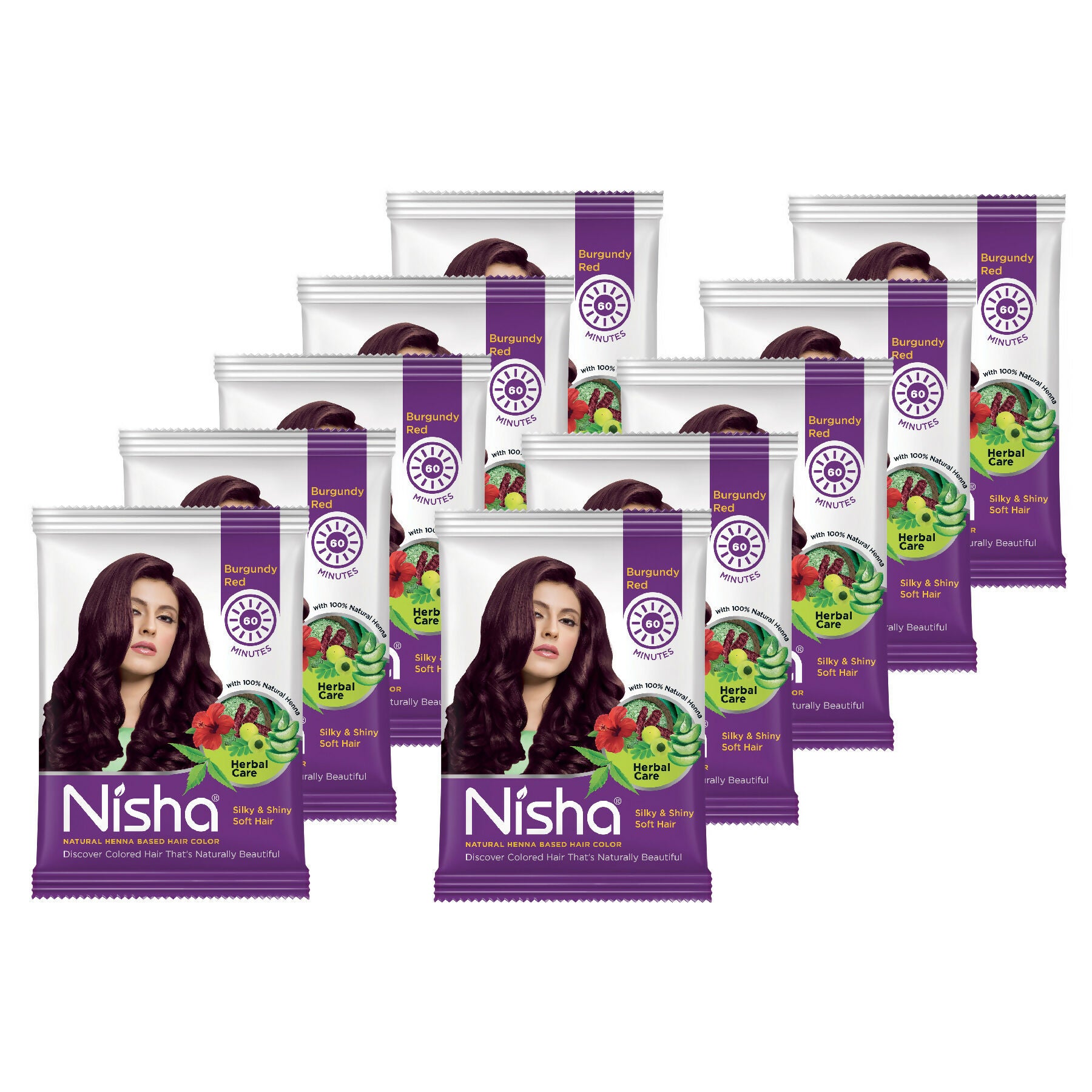 Nisha Henna Based Hair Colour for Women & Men Burgundy Red (Pack of 10) - Distacart