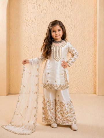 Teeya Creation New Kids Wedding Wear Heavy Embroidery Sequence Work Kurta Sharara Set-White - Dista
