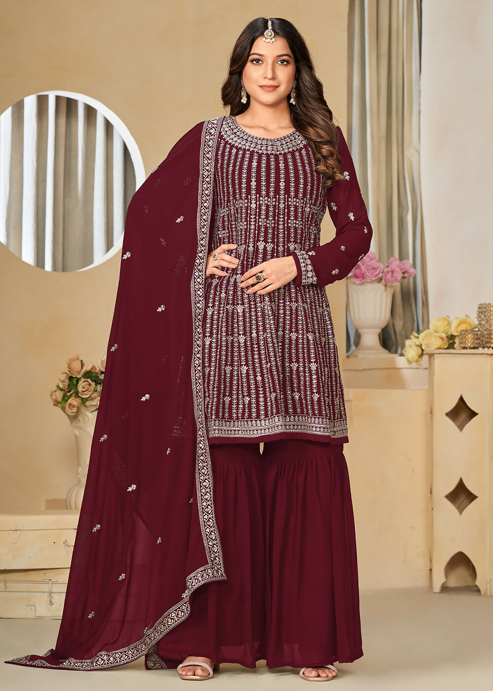 Faux Georgette Maroon Embroidered Gharara Style Suit - Emponline - Distacart