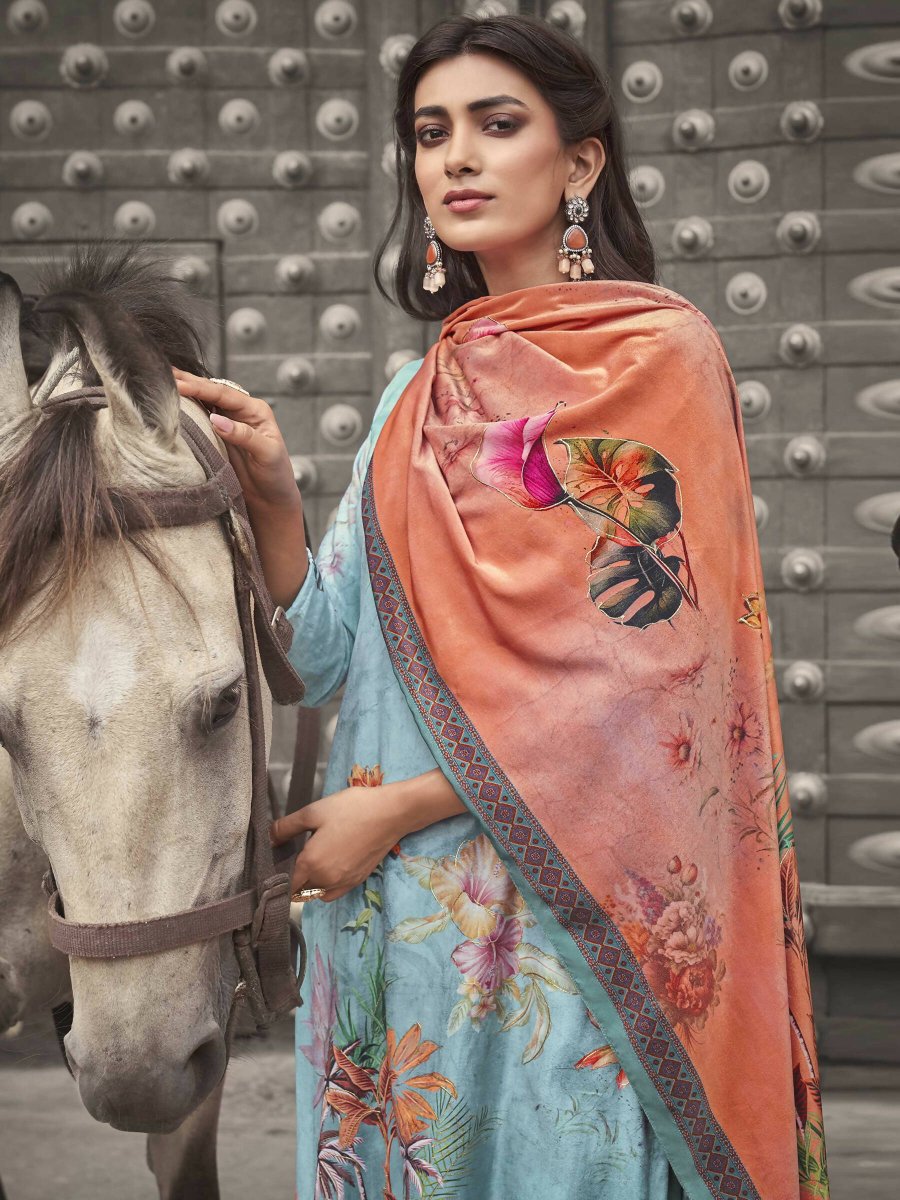 Aastha Fashion Women's Sky Blue Velvet Floral Digital Printed Kurta with Trouser & Dupatta - Distacart