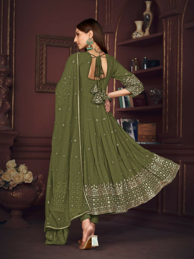 Jyoti Fashion Women's Olive Green Georgette Embroidered Anarkali Kurta Pant Set With Dupatta - Distacart