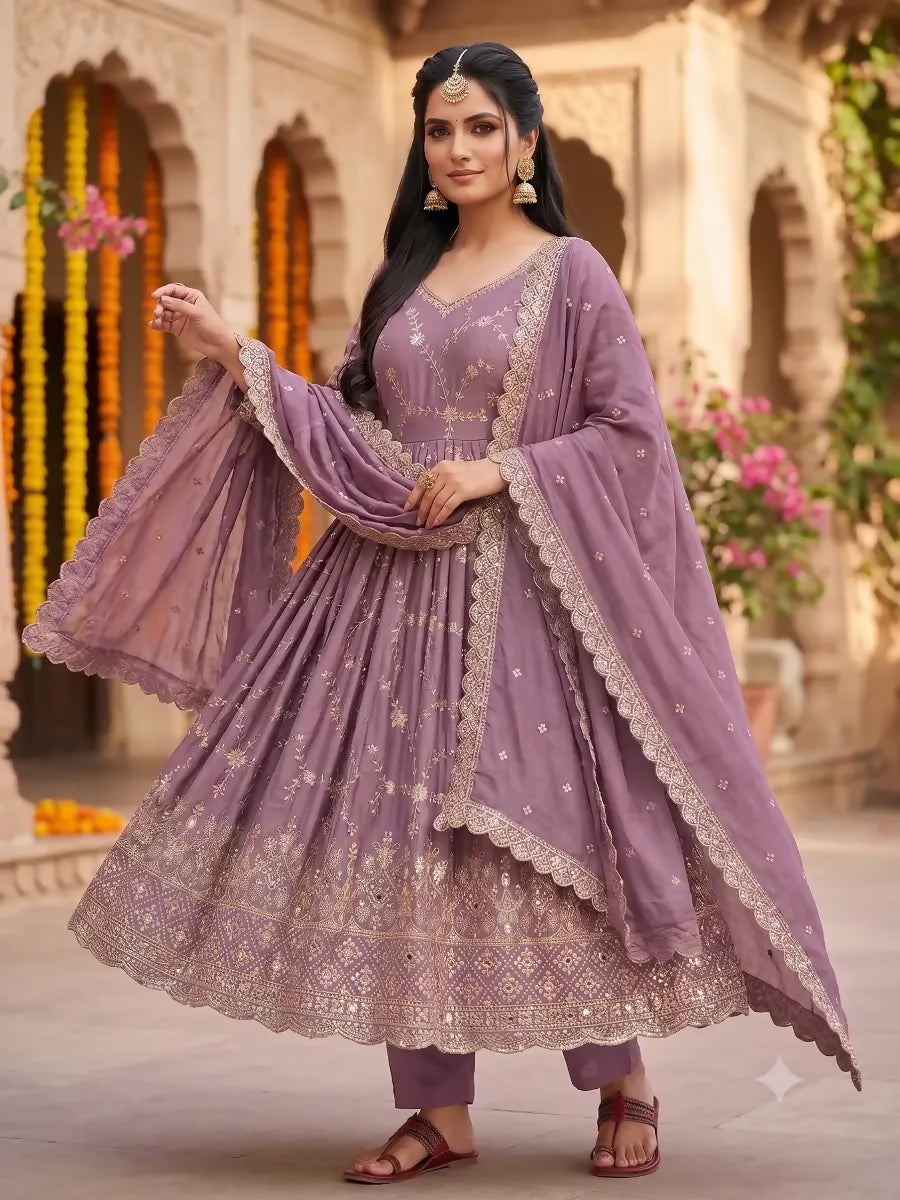 Teeya Creation Purple Zari Embroidered Georgette Anarkali Suit with Dupatta