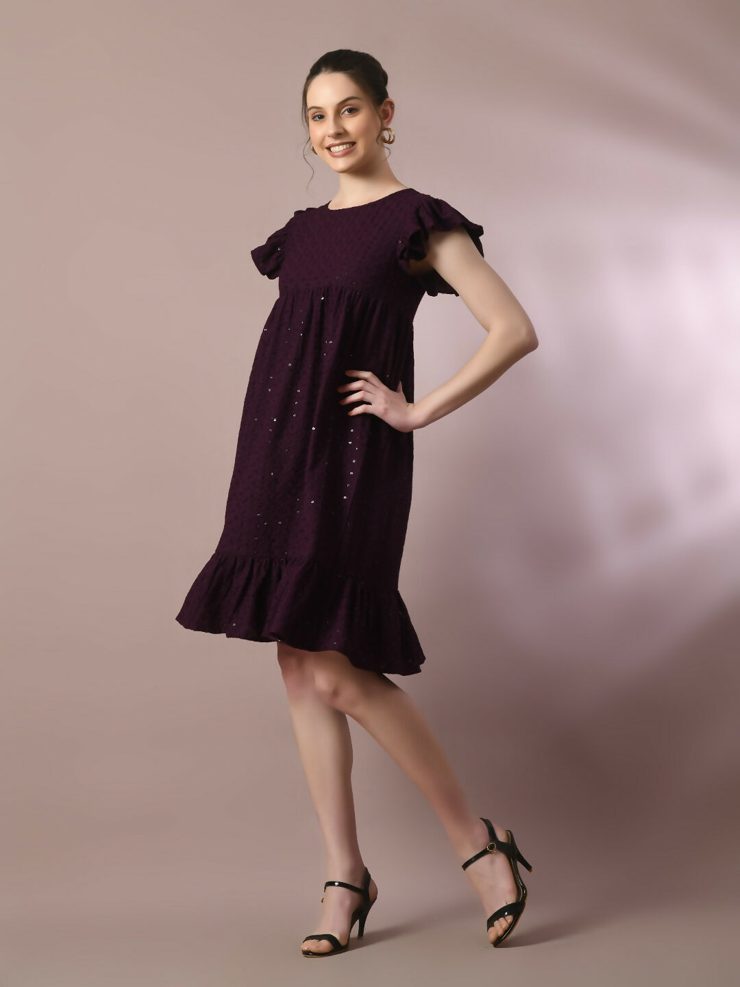 Myshka Women's Violet Embroidered Cotton Round Neck A-Line Party Dress - Distacart