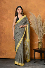 Thumbnail for Very Much Indian Handblock Printed Cotton Saree With Natural Dyes - Black & White - Distacart