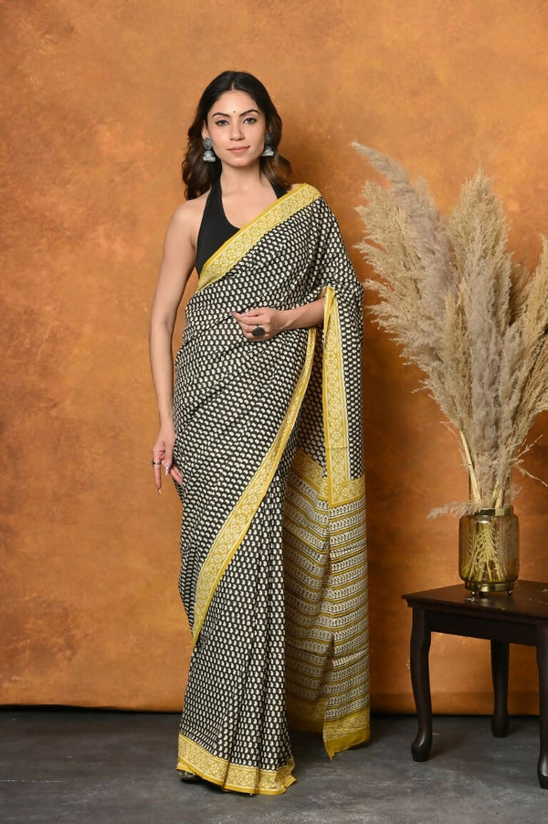 Very Much Indian Handblock Printed Cotton Saree With Natural Dyes - Black & White - Distacart