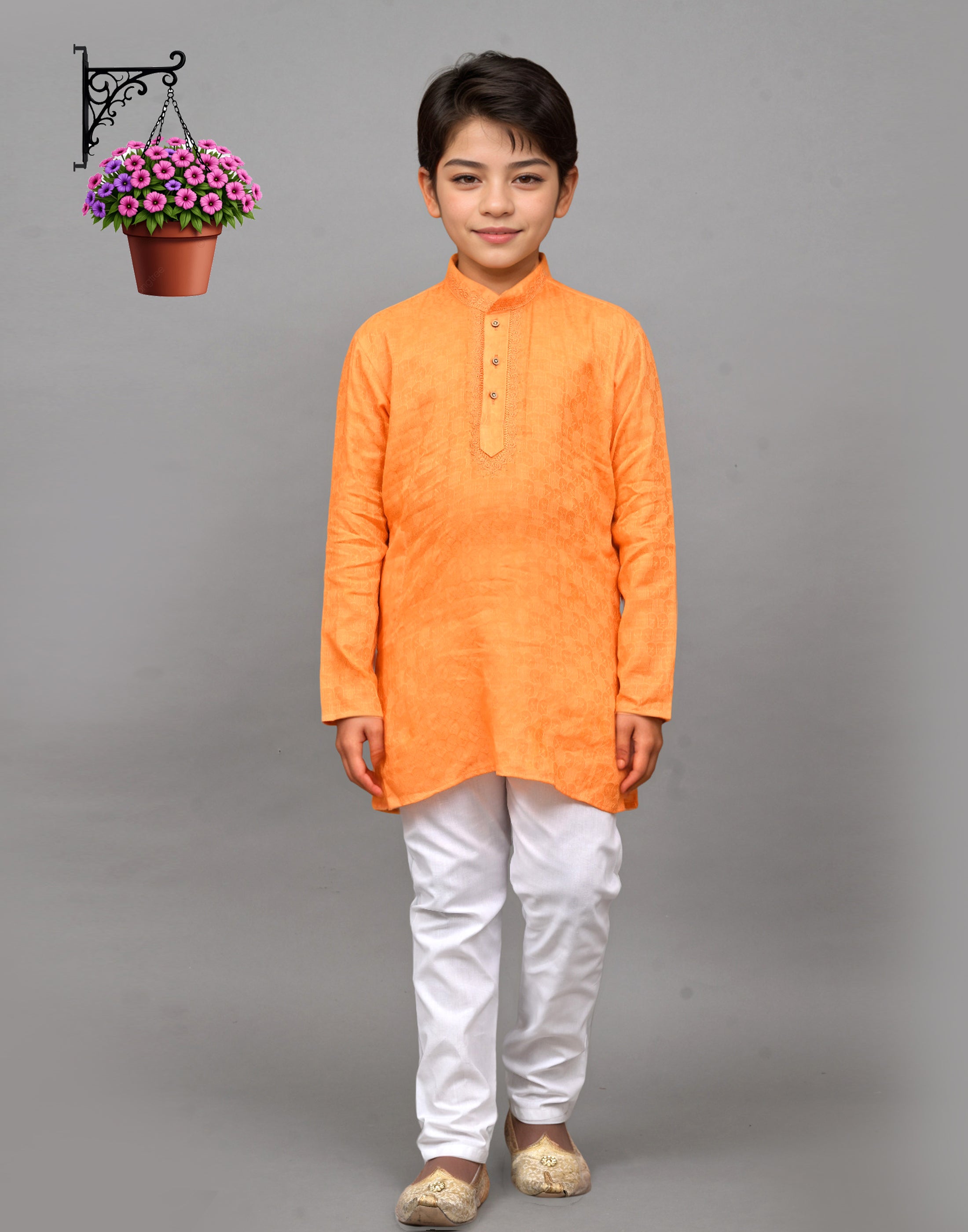 Bluesaanchi Orange Self-Design Embroidered Kurta Set – Bold & Stylish for Your Little One