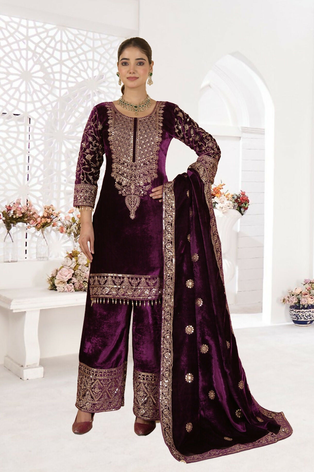 Joban Fashion Wine Velvet Sequence Embroidery Work Kurta Set