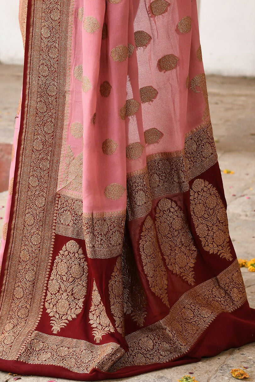 Joban Fashion Nude Pink Crepe Chiffon Pure Handloom Banarasi Silk Saree