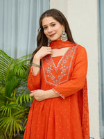 Thumbnail for The52 Orange Women's Gorgeous Embroidered Chinon Fabric Flared Kurta Pant and Dupatta Set - Distacart