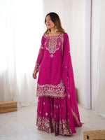 Thumbnail for The52 Women's Beautiful Faux Georgette Fabric Embroidery Work Straight Kurt Sharara and Dupatta Set - Distacart