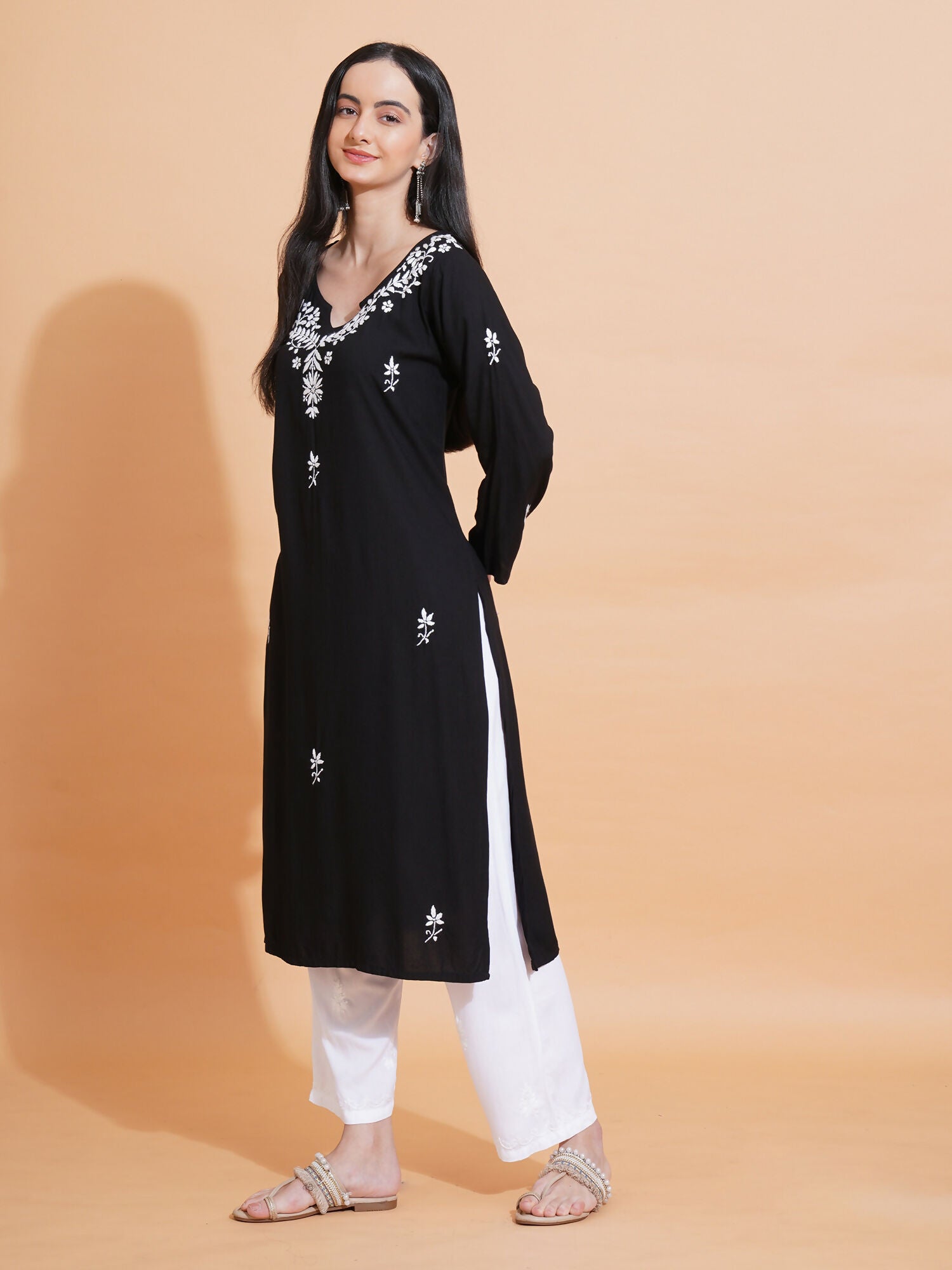 Pahnaz Luxury Rayon Chikankari Long Kurti-Black - Dista